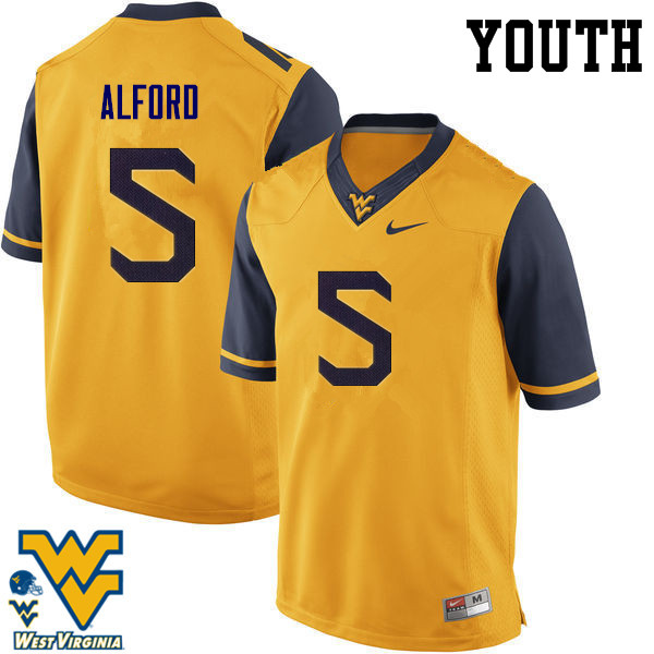 Youth #5 Mario Alford West Virginia Mountaineers College Football Jerseys-Gold